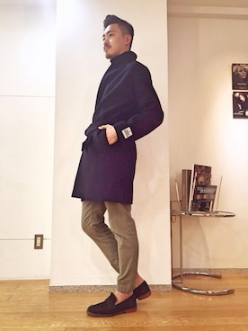 「アイテム（チェスターコート）」を使った、kinkinさん（メンズ・183cm）の冬コーディネート