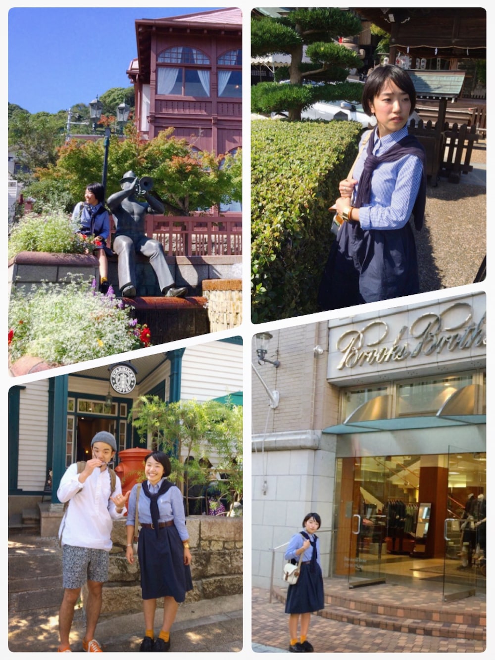 「神戸、ギンガムチェック、肩掛けカーデ、異人館、スターバックス、BROOKS BROTHERS」｜「無印良品の無印良品 ギンガムチェックシャツ
（シャツ/ブラウス、ブルー系）」を使った、YUHIさん（レディース・152cm）の秋コーディネートの1枚目の写真