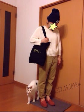 「MHL.（エムエイチエル）のアイテム（トートバッグ、ブラック系）」を使った、MAKIRIKIさん（レディース・151cm）の秋コーディネート