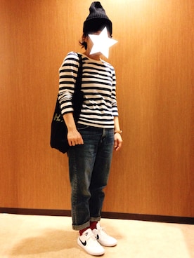 「無印良品（ムジルシリョウヒン）のアイテム（Tシャツ/カットソー、ホワイト系）」を使った、MAKIRIKIさん（レディース・151cm）の秋コーディネート