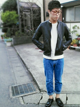 「ピクニック」｜「アイテム（ライダースジャケット）」を使った、あまっちさん（メンズ・173cm）の春コーディネート