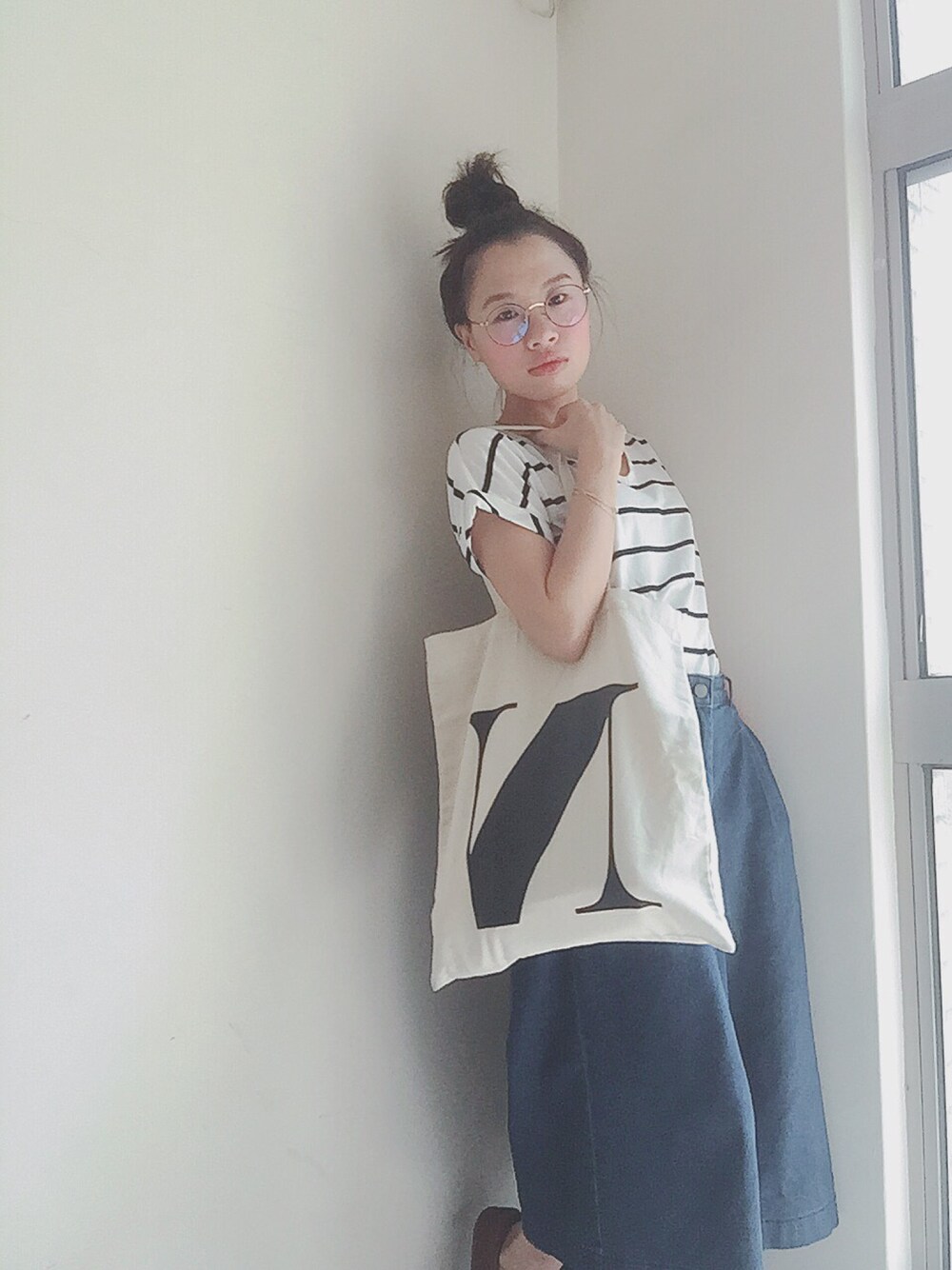 「ALPHABETのアイテム（バッグ、ベージュ系）」を使った、ミミ©さん（レディース・148cm）の夏コーディネートの1枚目の写真