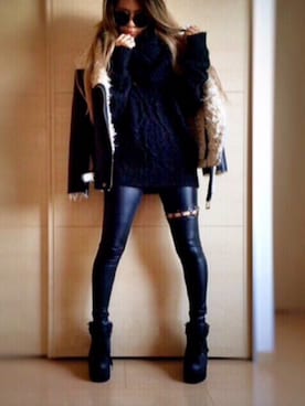 「GYDA（ジェイダ）のアイテム（ライダースジャケット）」を使った、TA♡penさん（レディース・152cm）の冬コーディネート