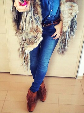 「アイテム（アナログ腕時計、ピンク系）」を使った、TA♡penさん（レディース・152cm）の冬コーディネート