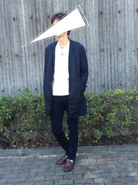 「GLOBAL WORK（グローバルワーク）のタイプライターチェスターコート/705464（チェスターコート、ブルー系）」を使った、たろーさん（メンズ・174cm）の冬コーディネート