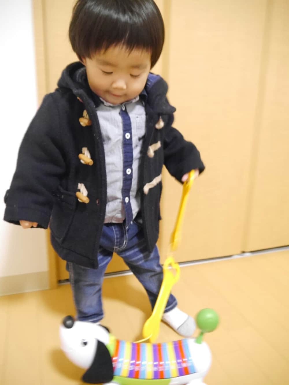 「ストライプシャツ、kidsfashion、シンプルコーデ、デニムパンツ、1歳、1歳7ヶ月、おとこのこ、ダッフルコート、ネイビー、ボーダー巻き巻きフェス告知」｜「macy ’ s のアイテム（シャツ/ブラウス、ブルー系）」を使った、*そうまりこ*さん（キッズ・80cm）の秋コーディネートの1枚目の写真