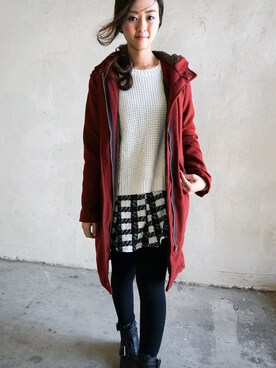 「red」｜「アイテム（ミリタリージャケット）」を使った、EstherLawさん（レディース・156cm）の冬コーディネート
