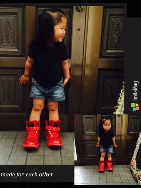 「西松屋（ニシマツヤ）のアイテム（Tシャツ/カットソー、ブラック系）」を使った、陳貞順さん（キッズ）の夏コーディネート