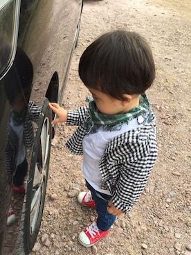 「アイテム（ママ＆ベビー、グリーン系）」を使った、ｷﾝﾀﾝさん（キッズ・80cm）の秋コーディネート