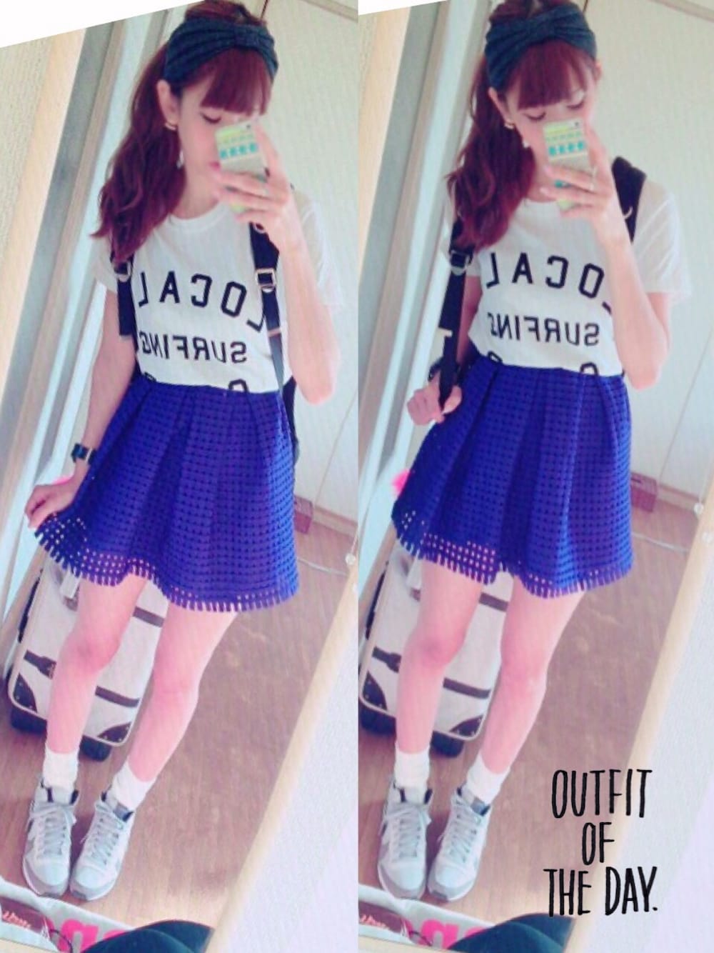 ホワイト系のTシャツ/カットソー、ブラック系のバックパック/リュック、グレー系のスニーカーを着用したレディースの春コーディネートの1枚目の写真