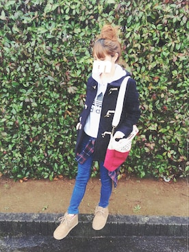 「インディゴデニム」｜「アイテム（ダッフルコート）」を使った、TOMOさん（レディース・153cm）の冬コーディネート