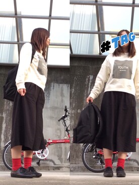 「MILKFED.（ミルクフェド）の【mini9月号掲載】SWEAT TOP YOUTH（スウェット、ホワイト系）」を使った、kkさん（レディース・157cm）の秋コーディネート