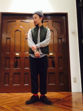 「LAVENHAM」｜「アイテム（帽子）」を使った、牟田 英功さん（メンズ・160cm）の冬コーディネート