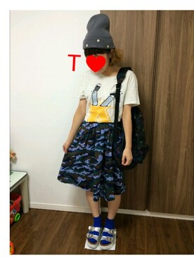 「ひざ丈スカート」｜「アイテム（ニットキャップ/ビーニー）」を使った、ともちゃんさん（レディース・152cm）の夏コーディネート
