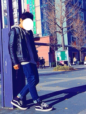 「PLST（プラステ）のアイテム（ライダースジャケット）」を使った、だーくろさん（メンズ・176cm）の冬コーディネート