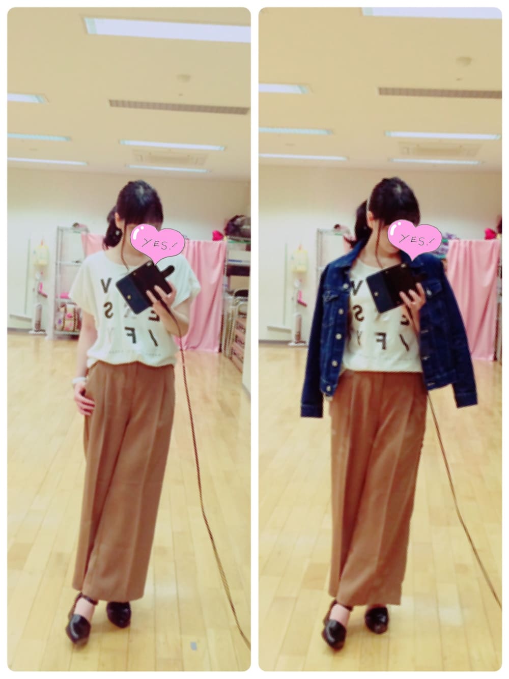 「ootd、私服、ファッション、ジージャン、白Tシャツ、ワイドパンツ」｜「GUのアイテム（パンツ、ブラウン系）」を使った、鹿島渚さん（レディース・157cm）の春コーディネートの1枚目の写真
