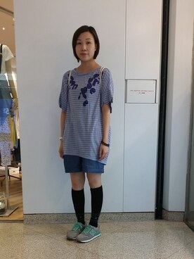 「mercibeaucoup,（メルシーボークー）のアイテム（シャツ/ブラウス、ブルー系）」を使った、Caさん（レディース・165cm）の夏コーディネート