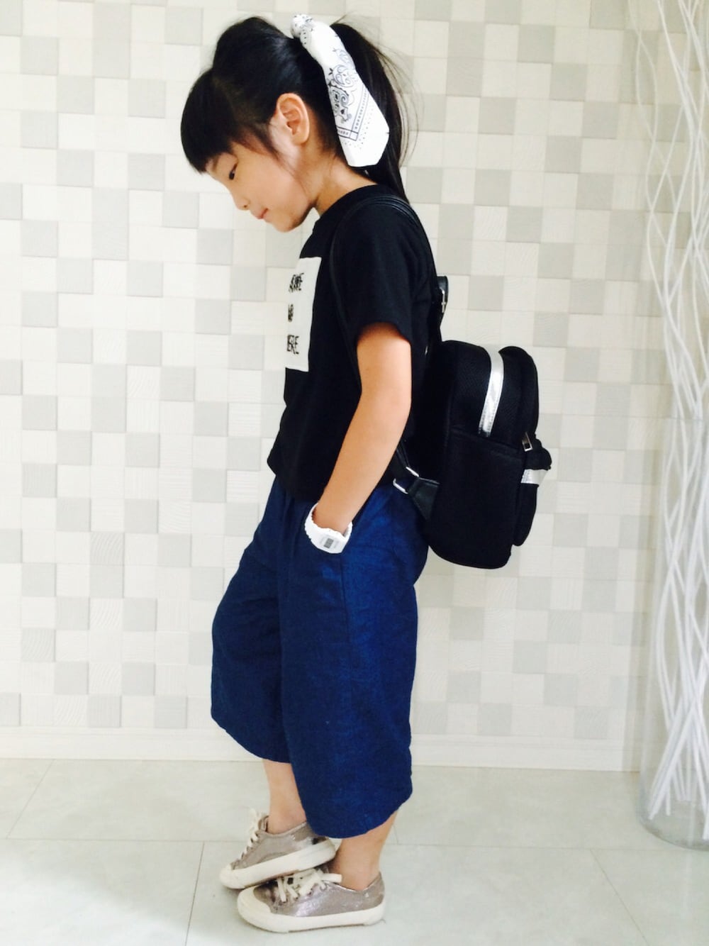 「夏コーデ、小学１年生、シンプルコーデ」｜「Birthdayのアイテム（Tシャツ/カットソー、ブラック系）」を使った、kappa*さん（キッズ・120cm）の夏コーディネートの1枚目の写真