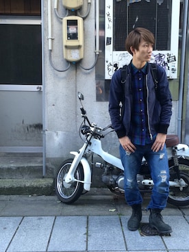 「フランネルシャツ」｜「アイテム（ブルゾン）」を使った、Hirokazuさん（メンズ・171cm）の秋コーディネート