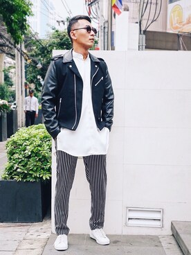 「menswear」｜「アイテム（ライダースジャケット）」を使った、Andre Amirさん（メンズ・170cm）の春コーディネート