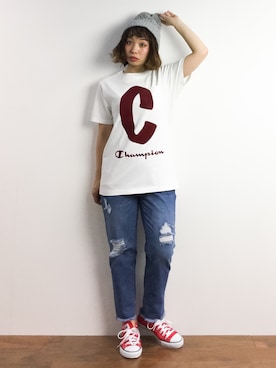 「Chico（チコ）のイージーダメージカットデニムパンツ（デニムパンツ）」を使った、Rachelさん（レディース・149cm）の春コーディネート