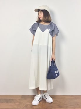 「白キャップ」｜「アイテム（ワンピース/ドレス）」を使った、Rachelさん（レディース・149cm）の夏コーディネート