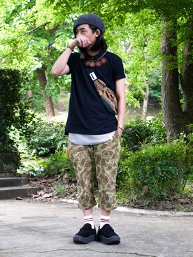 「White Mountaineering」｜「アイテム（その他シューズ）」を使った、唯家 Vegaさん（メンズ・177cm）の夏コーディネート