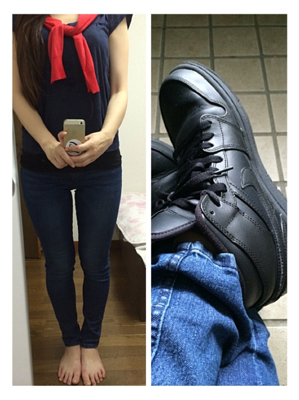 「スニーカー、NIKE、H&M、jordan1、ラフ、Jordan、ootd、AIR JORDAN、outfit、jeans」｜「H&Mのアイテム（Tシャツ/カットソー、ブルー系）」を使った、kaori_eさん（レディース・173cm）の夏コーディネートの1枚目の写真