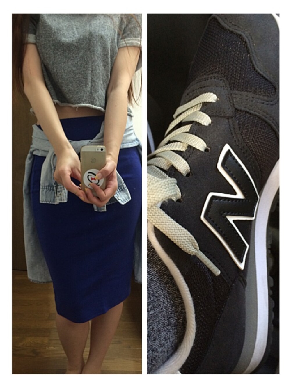 「スニーカー、New Balance、ペンシルスカート、ＮＢ、レインシューズ、ootd、outfit、HeavenandEarth、ショート丈トップス」｜「H&Mのアイテム（Tシャツ/カットソー、グレー系）」を使った、kaori_eさん（レディース・173cm）の夏コーディネートの1枚目の写真