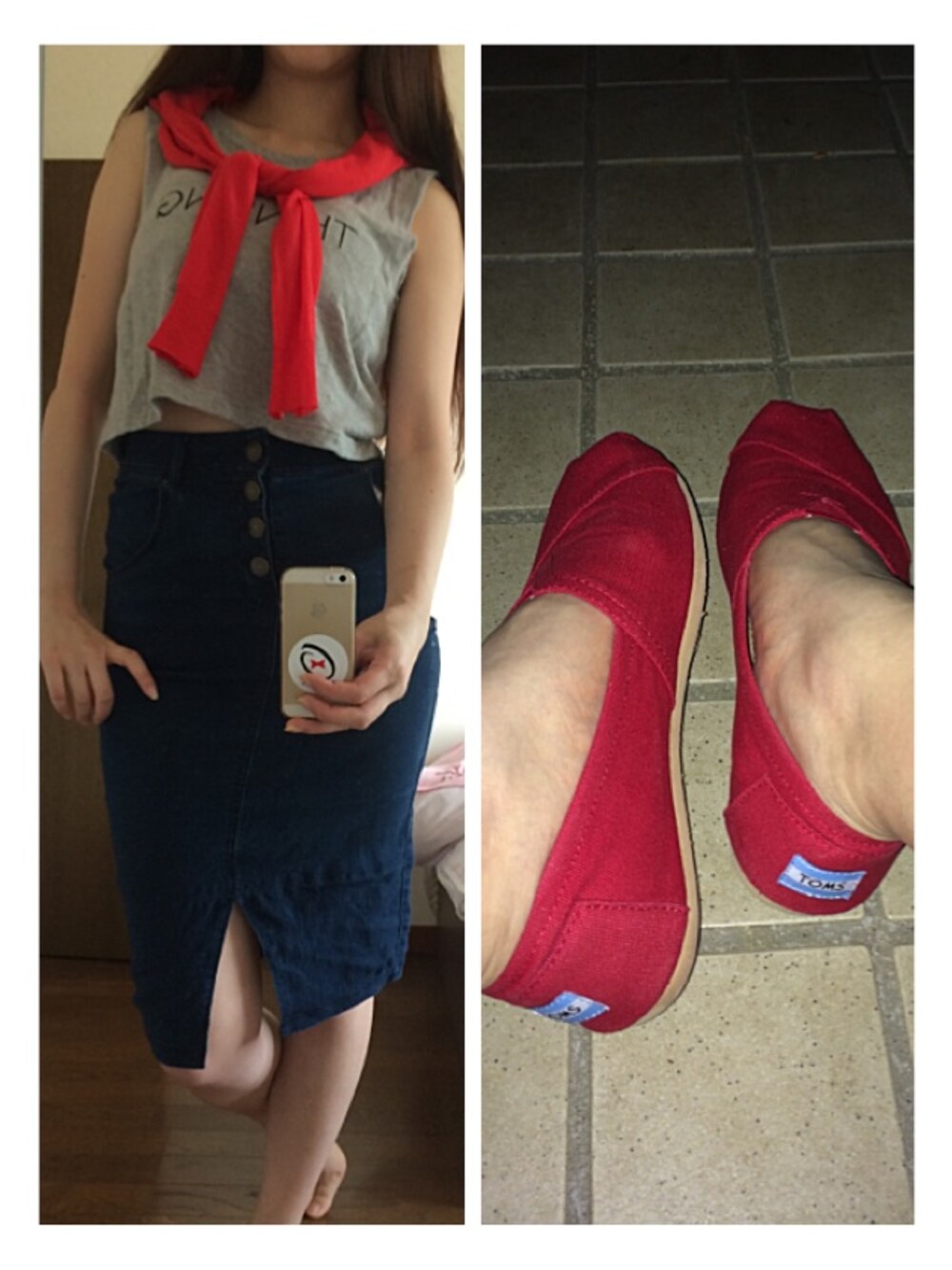 「カーディガン、red、ペンシルスカート、toms、ootd、outfit、HeavenandEarth、カーディガン肩かけ、WEARBOOKエントリー」｜「アイテム（カーディガン/ボレロ、レッド系）」を使った、kaori_eさん（レディース・173cm）の夏コーディネートの1枚目の写真
