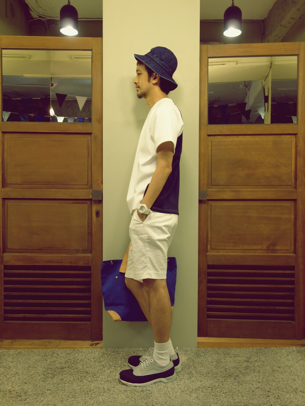 「blue、white、ORPHIC、plain-me、the superior labor」｜「CANNABISのORPHIC HELLION（スニーカー）」を使った、plain-me_Akkoさん（メンズ・177cm）の夏コーディネートの1枚目の写真