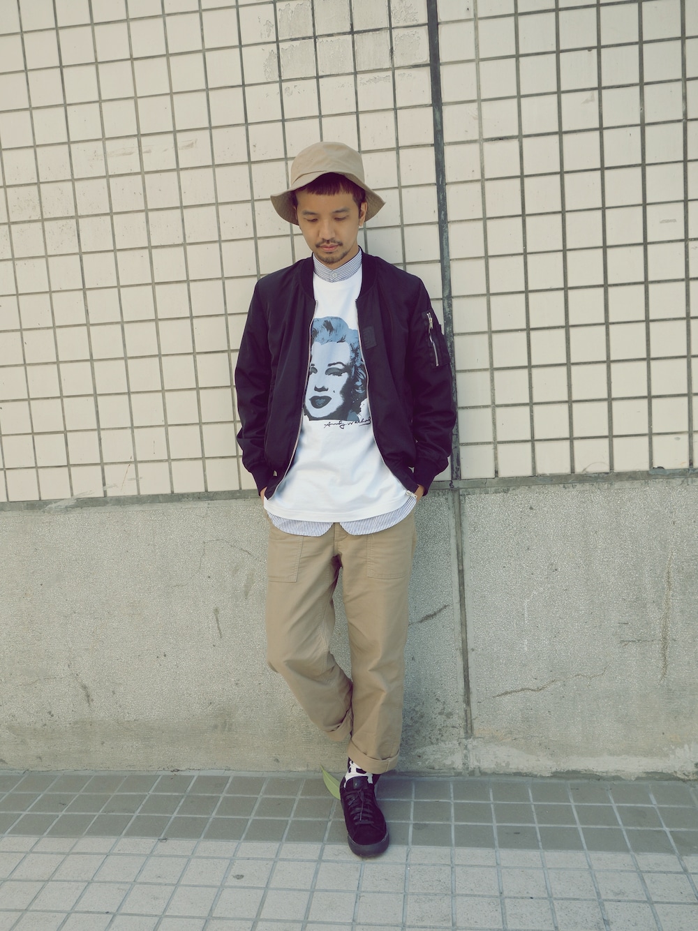 「NIKE、MUJI、UNIVERSAL PRODUCTS、plain-me」｜「plain-meの經典MA-1夾克（その他、その他）」を使った、plain-me_Akkoさん（メンズ・177cm）の春コーディネートの1枚目の写真