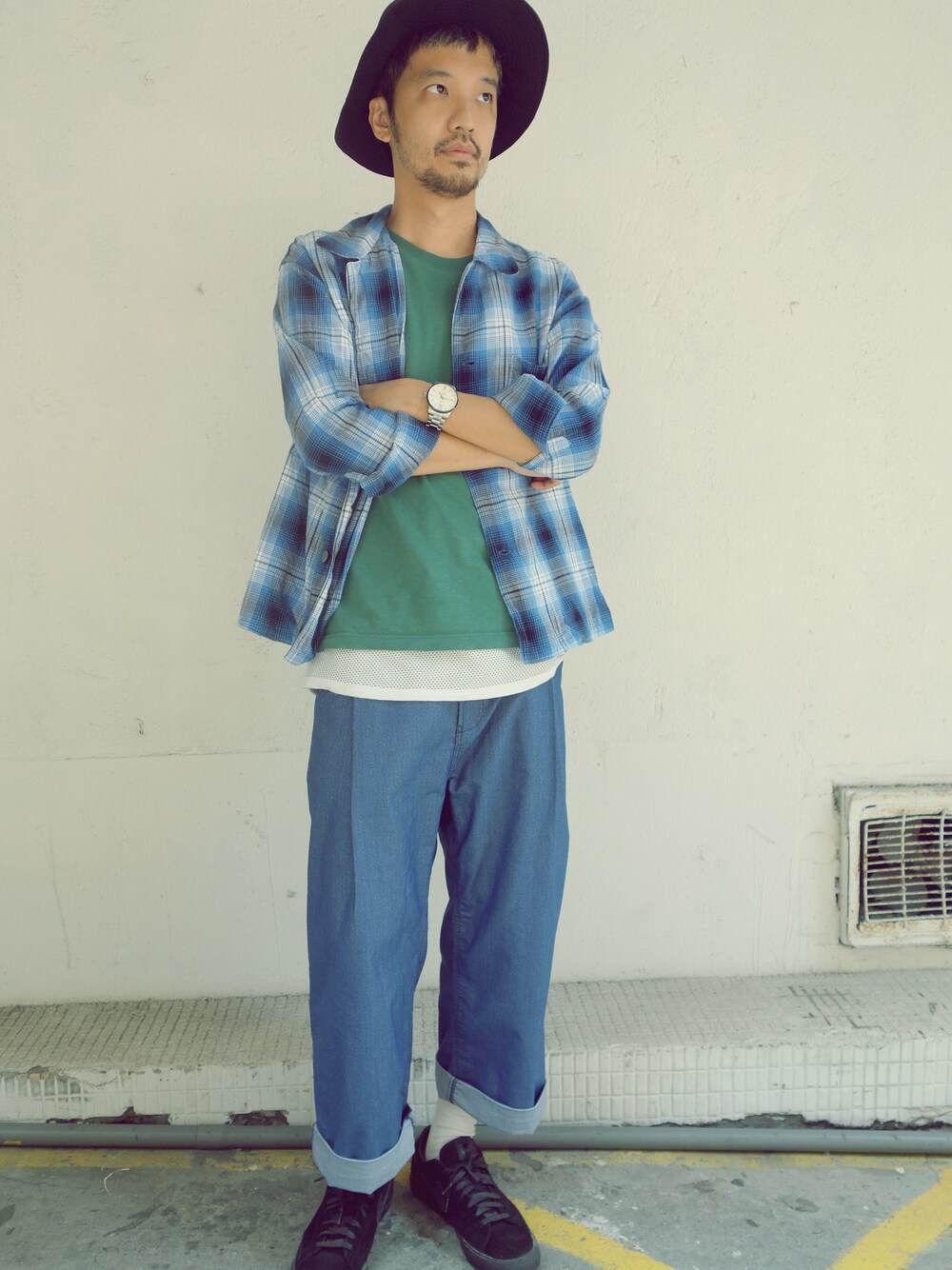 「NIKE、UNIQLO、UNUSED、VOTEMAKENEWCLOTHES、plain-me」｜「plain-meの寬褲（チノパンツ、ブルー系）」を使った、plain-me_Akkoさん（メンズ・177cm）の夏コーディネートの1枚目の写真