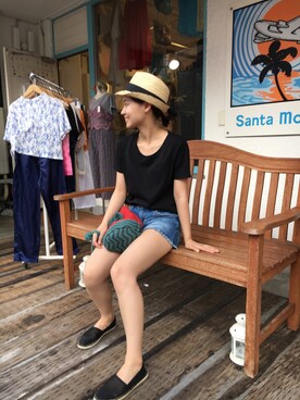 「ZARA（ザラ）のアイテム（Tシャツ/カットソー、ブラック系）」を使った、aricheさん（レディース・155cm）の夏コーディネート