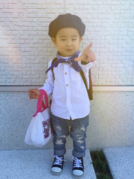 「H&M（エイチ・アンド・エム）のアイテム（シャツ/ブラウス、ホワイト系）」を使った、YU-RIさん（キッズ・90cm）の春コーディネート
