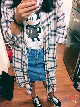 「American Apparel（アメリカンアパレル）のアイテム（デニムスカート、ブルー系）」を使った、annie_jingさん（レディース）の秋コーディネート