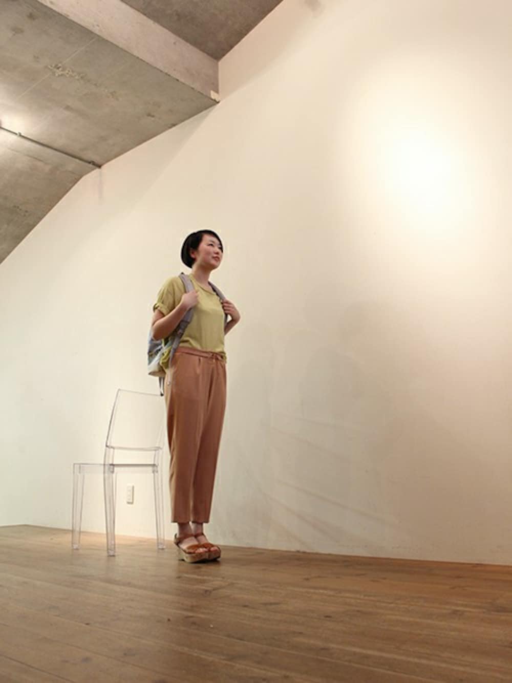 「nitcaの転写プリント　リュック（バックパック/リュック、ベージュ系）」を使った、noteTKMさん（レディース・160cm）の春コーディネートの1枚目の写真