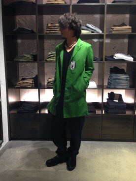 「Johnbull（ジョンブル）のアイテム（ステンカラーコート）」を使った、saraんラップさん（メンズ・170cm）の春コーディネート