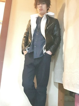 「Confirm（コンファーム）のアイテム（ライダースジャケット）」を使った、kamikenさん（メンズ・164cm）の春コーディネート