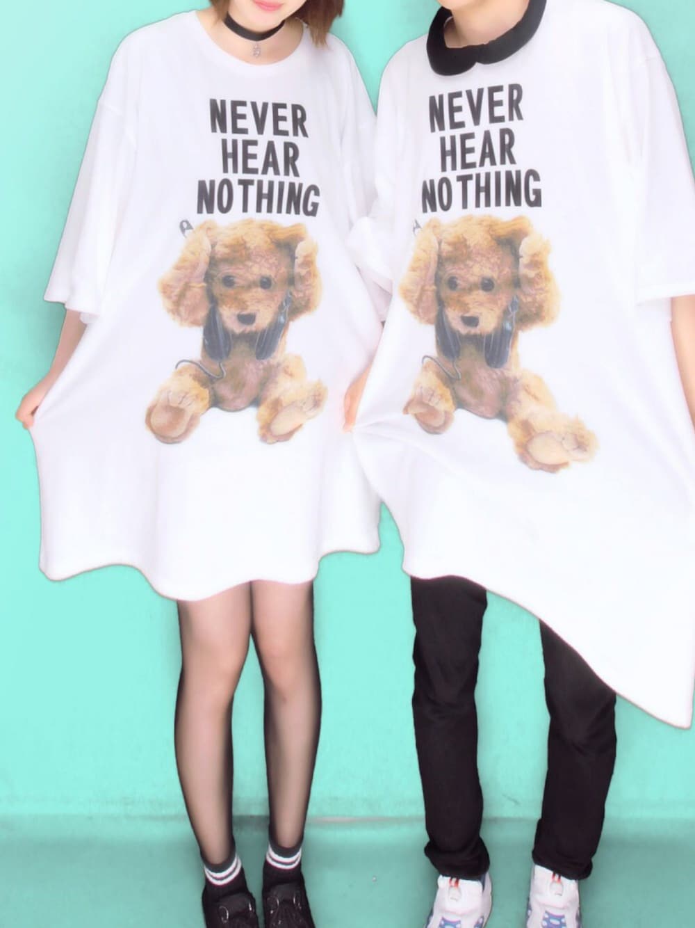 「MILKBOY、おそろい、カップル」｜「MILKBOYのNEVER HEAR BEAR Tシャツ（Tシャツ/カットソー、ホワイト系）」を使った、mihöさん（レディース・162cm）の春コーディネートの1枚目の写真