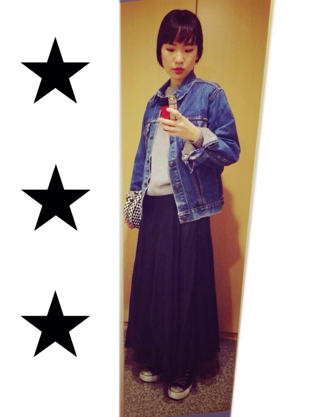 「Gジャン、Levi's、g.v.g.v.、シルク、jantiques、TORO、赤リップ、デニム」｜「VINTAGEのアイテム（スウェット、グレー系）」を使った、MARIETAKEDAさん（レディース・170cm）の春コーディネートの1枚目の写真