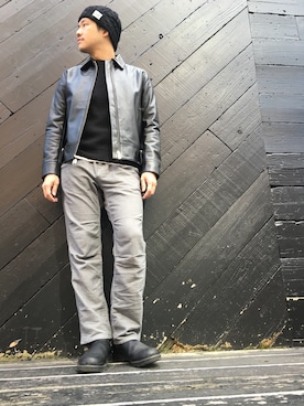 「ニットキャップ」｜「アイテム（ライダースジャケット）」を使った、UCさん（メンズ・173cm）の冬コーディネート