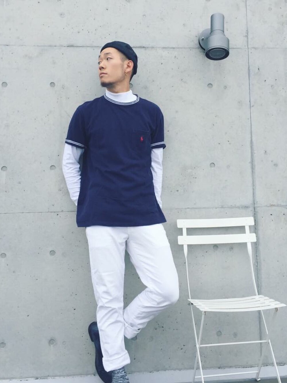 「rooftop、dancer、model、YOH、Ralph Lauren、BETON CIRE」｜「RALPH LAURENのアイテム（Tシャツ/カットソー、ブルー系）」を使った、YOHさん（メンズ・175cm）の秋コーディネートの1枚目の写真