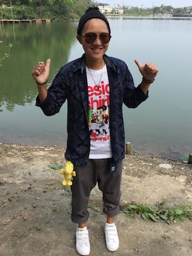 「pizza cut five（ピザカットファイブ）のアイテム（パンツ）」を使った、安藤祐維さん（キッズ・157cm）の春コーディネート