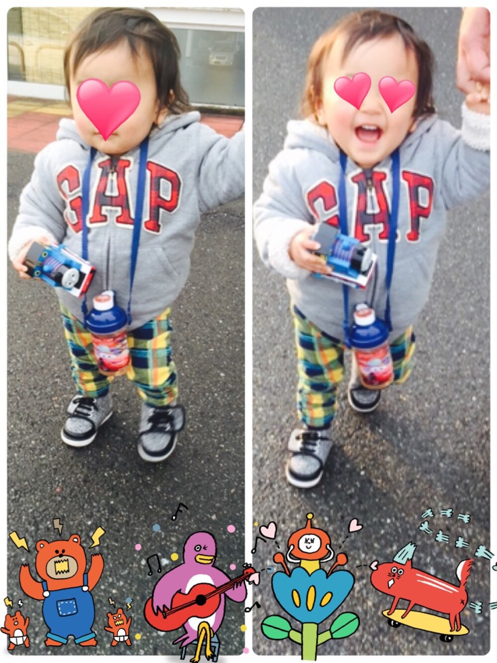 「パーカー、チェックパンツ」｜「GAPのアイテム（パーカー、グレー系）」を使った、k!mama!さん（キッズ・90cm）の冬コーディネートの1枚目の写真