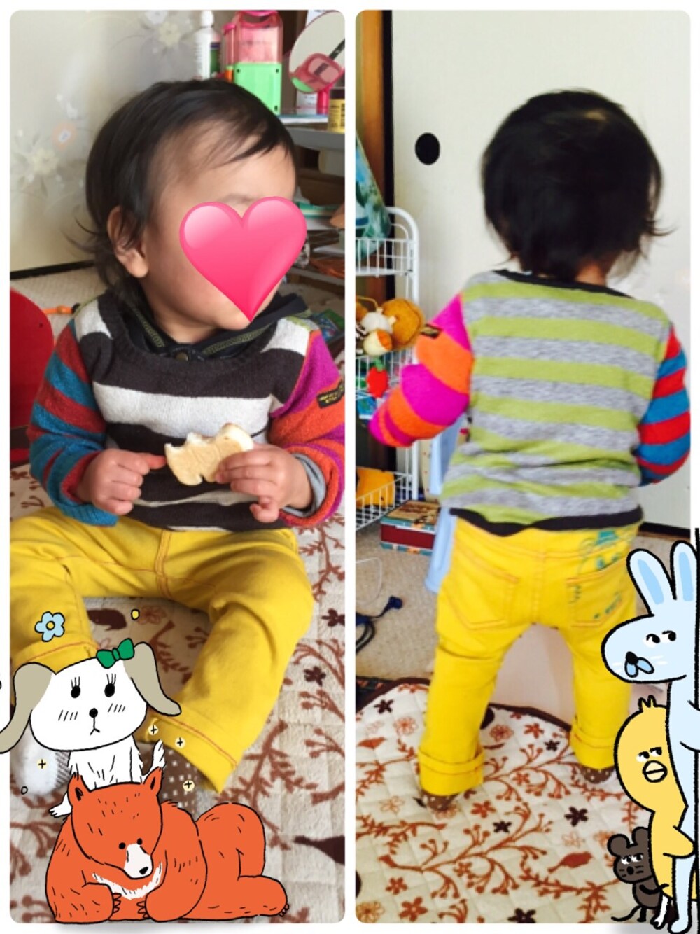 「カラーパンツ、ボーダー、ニット」｜「F.O.KIDSのアイテム（ニット/セーター、グリーン系）」を使った、k!mama!さん（キッズ・90cm）の冬コーディネートの1枚目の写真
