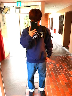 「アイテム（パーカー、ブルー系）」を使った、yamaさん（メンズ・175cm）の秋コーディネート