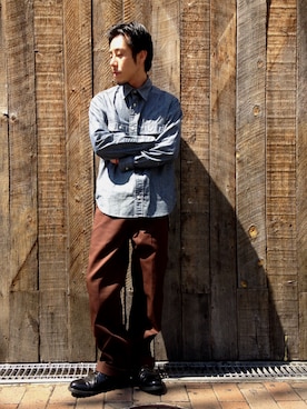「Schott（ショット）のSchott/ショット/CHAMBRAY WORK SHIRTS/シャンブレー ワーク シャツ（シャツ/ブラウス）」を使った、kenshinさん（メンズ・162cm）の秋コーディネート