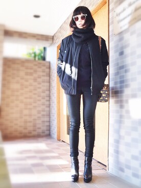 「黒タートルネック」｜「アイテム（ブルゾン）」を使った、miriiさん（レディース・165cm）の冬コーディネート