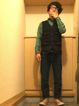 「RRL（ダブル アール エル）のアイテム（ダウンベスト）」を使った、Rさん（メンズ・162cm）の春コーディネート